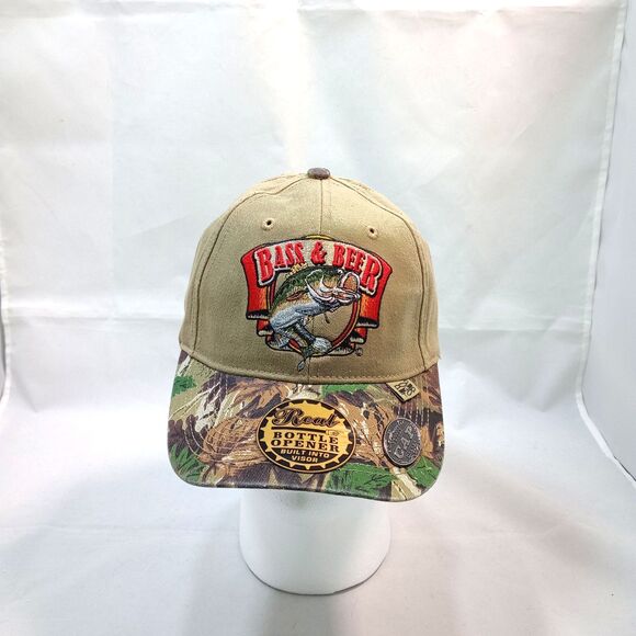 Bass & Beer Camo Snapback Hat Fishing Cap w/Bottle Opener Brim 6 Panel - Picture 3 of 6